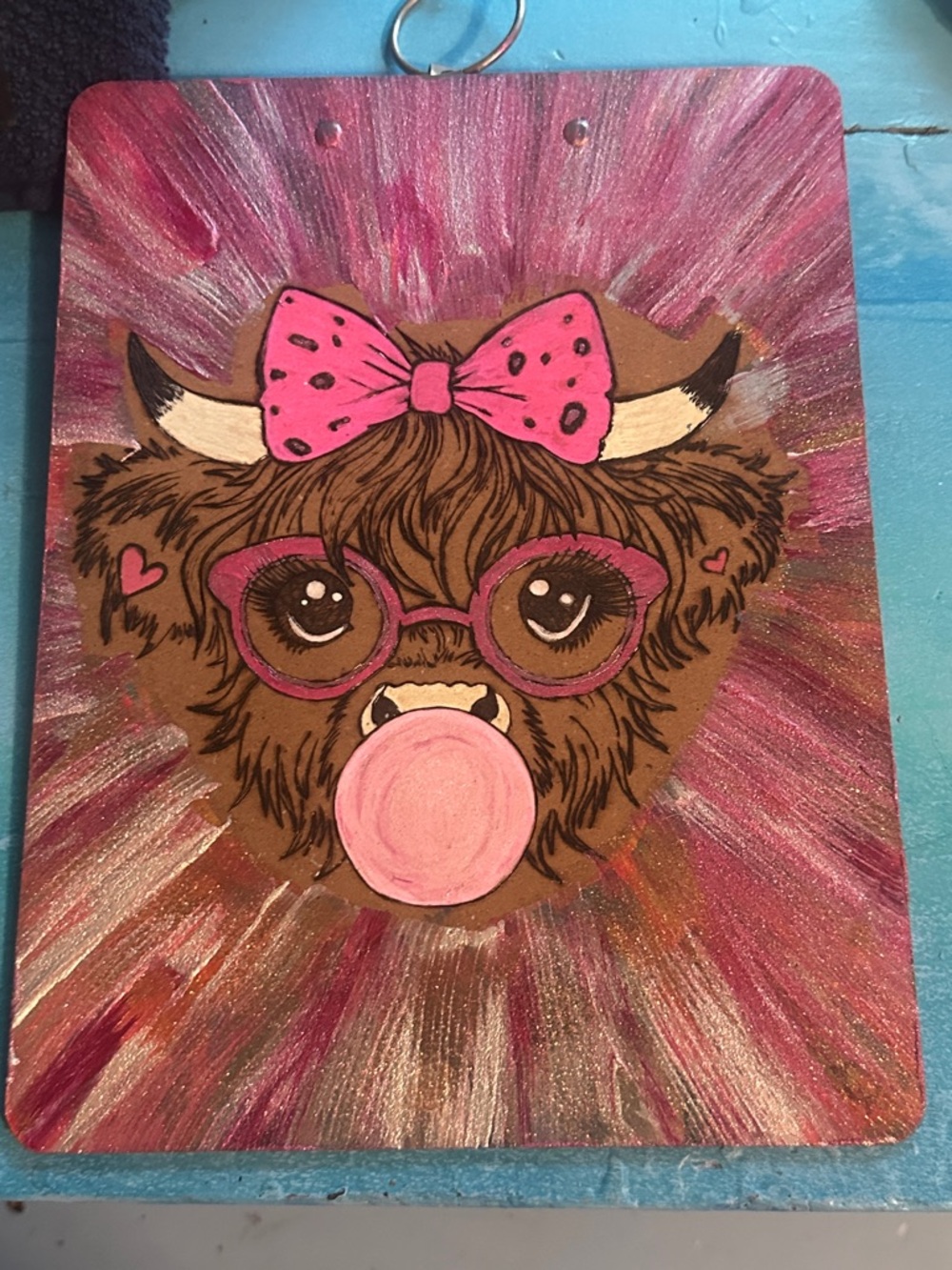 Hand Crafted Pink & Brown Bison Pop Art Plaque
